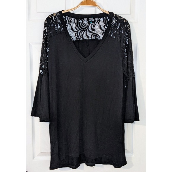 Evolution Lace Bell Sleeve Top V-Neck Blouse Elegant Party Top Black Size‎ L - Picture 1 of 7